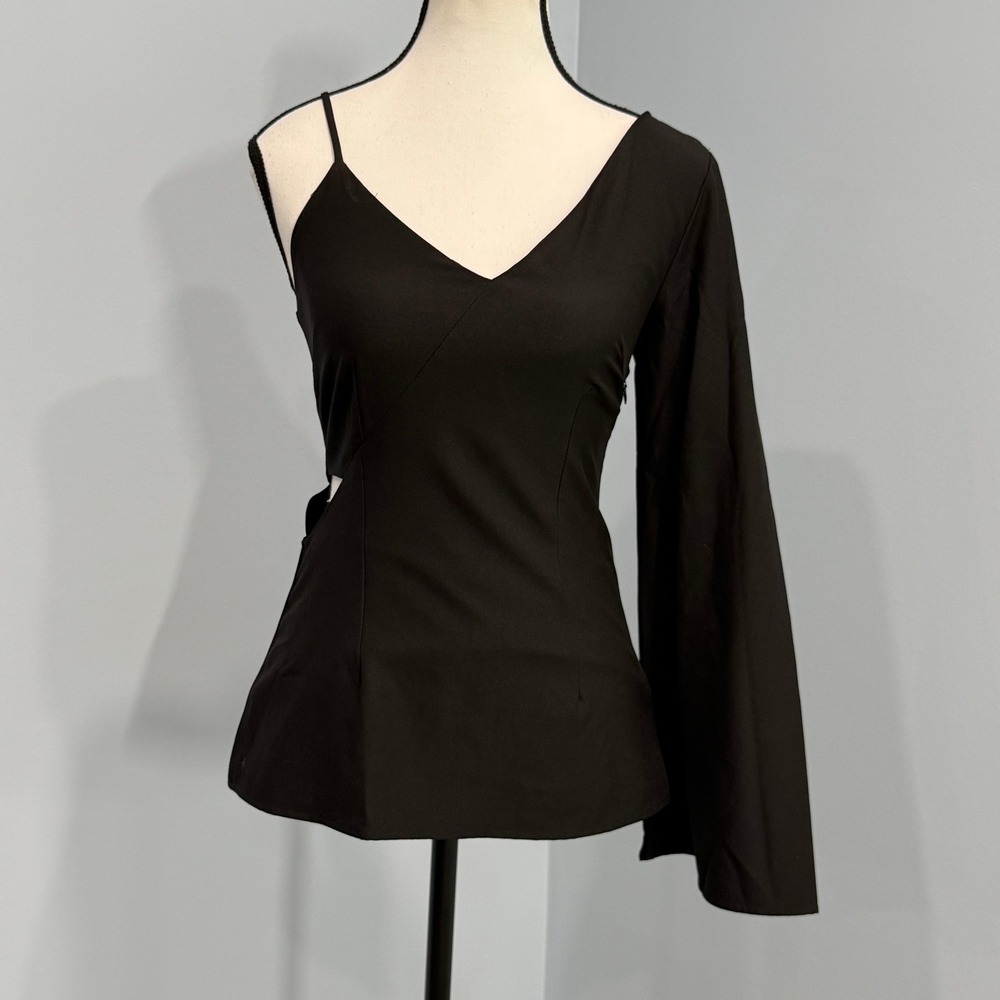 NWT Endless Rose Black‎ Asymmetric One Shoulder Bell Sleeve Top XS